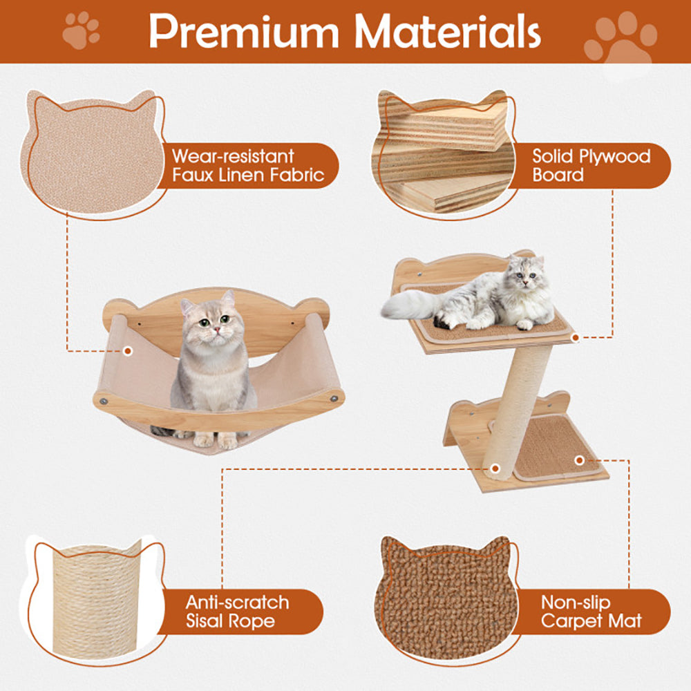 KFX-0621117 Natural Plywood Cat Wall Furniture Set with Hammock, 2-Step Cat Tree, and 3-Step Stairs