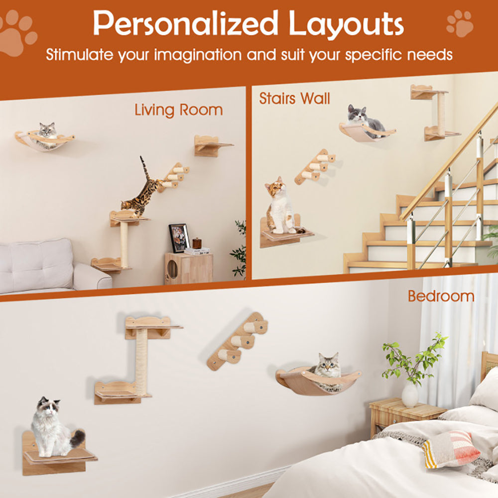 KFX-0621117 Natural Plywood Cat Wall Furniture Set with Hammock, 2-Step Cat Tree, and 3-Step Stairs