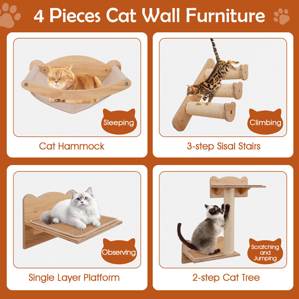 KFX-0621117 Natural Plywood Cat Wall Furniture Set with Hammock, 2-Step Cat Tree, and 3-Step Stairs