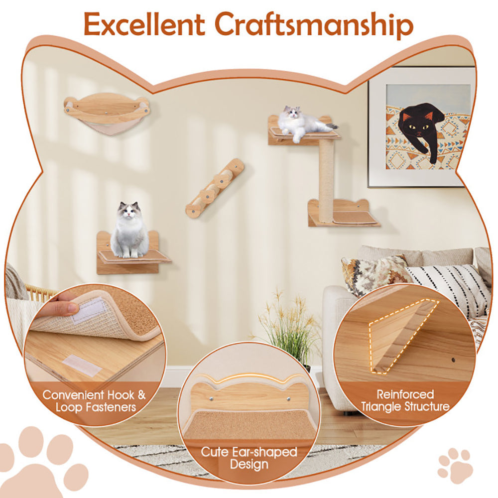 KFX-0621117 Natural Plywood Cat Wall Furniture Set with Hammock, 2-Step Cat Tree, and 3-Step Stairs