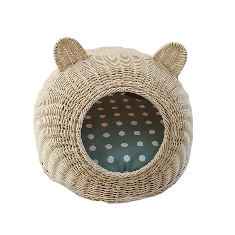 KFX-0621885 Rattan Cat Nest with Ears - Available in Small (36cm x 25cm x 18cm) and Medium (42cm x 30cm x 20cm) Sizes