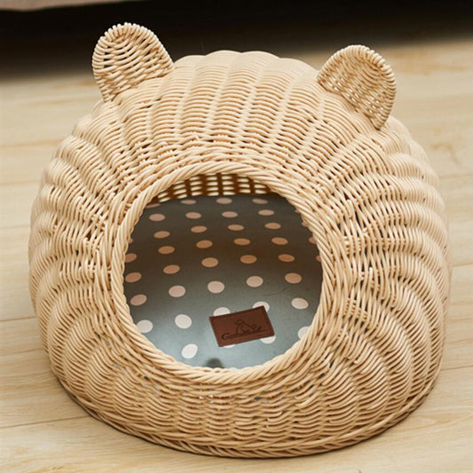 KFX-0621885 Rattan Cat Nest with Ears - Available in Small (36cm x 25cm x 18cm) and Medium (42cm x 30cm x 20cm) Sizes