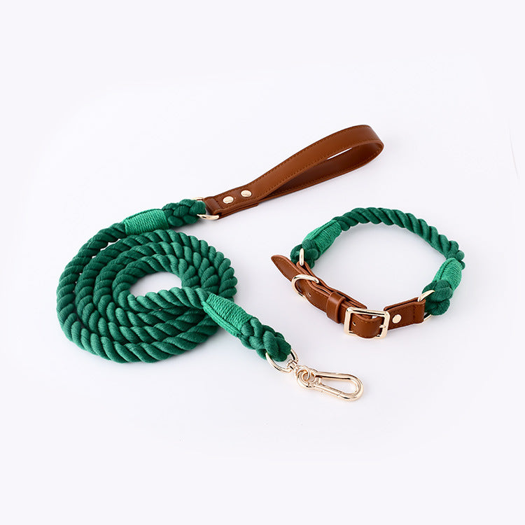 KFX-0627389 Cotton Rope and Leather Dog Leash and Collar Set for Medium to Large Dogs - Multiple Color Options Available