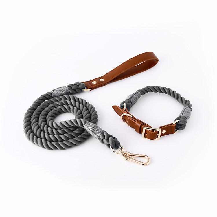 KFX-0627389 Cotton Rope and Leather Dog Leash and Collar Set for Medium to Large Dogs - Multiple Color Options Available