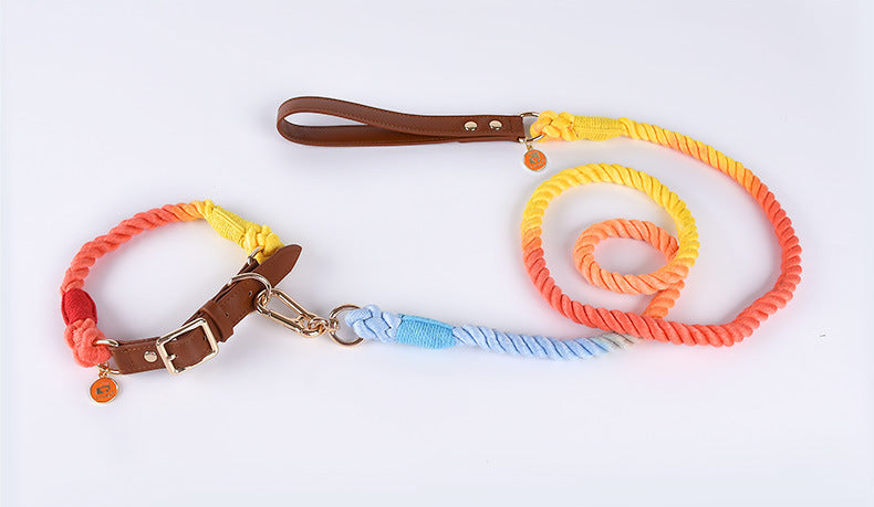 KFX-0627389 Cotton Rope and Leather Dog Leash and Collar Set for Medium to Large Dogs - Multiple Color Options Available
