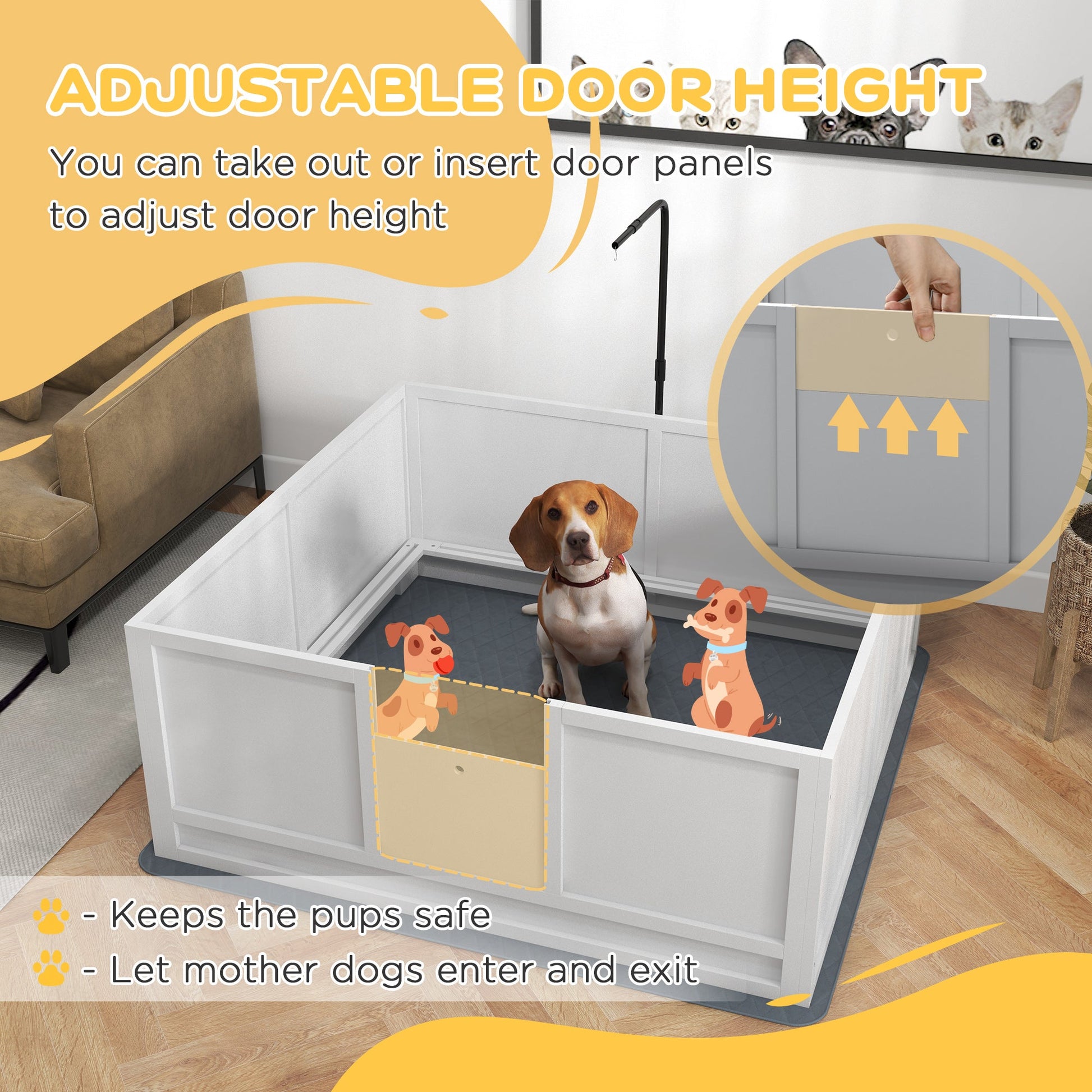 KFX-0629053 Whelping Box with Adjustable Door and Pig Rail for Safe Puppy Birth, 49" x 48"