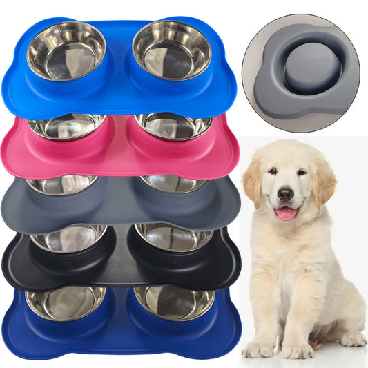 KFX-0629565 Silicone Double Dog Bowl with Stainless Steel Insert - Large and Small Sizes Available