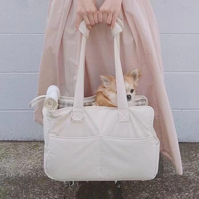 KFX-0629821 Small Dog Hand Messenger Bag in Beige - Nylon Canvas, Lightweight Design, Compact Size