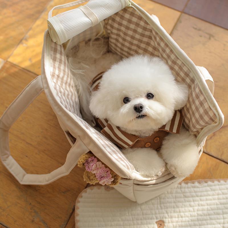KFX-0629821 Small Dog Hand Messenger Bag in Beige - Nylon Canvas, Lightweight Design, Compact Size