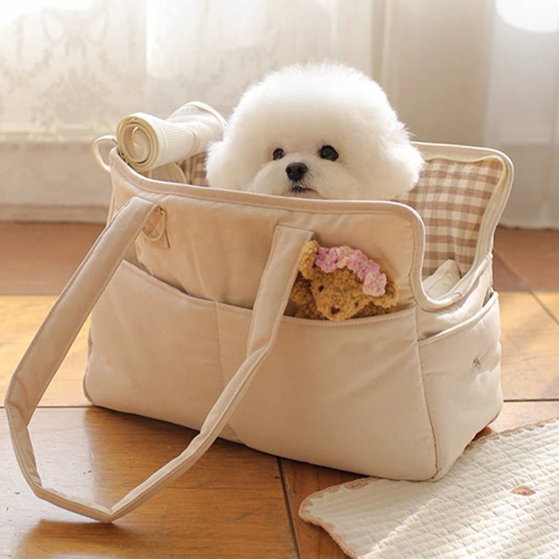 KFX-0629821 Small Dog Hand Messenger Bag in Beige - Nylon Canvas, Lightweight Design, Compact Size
