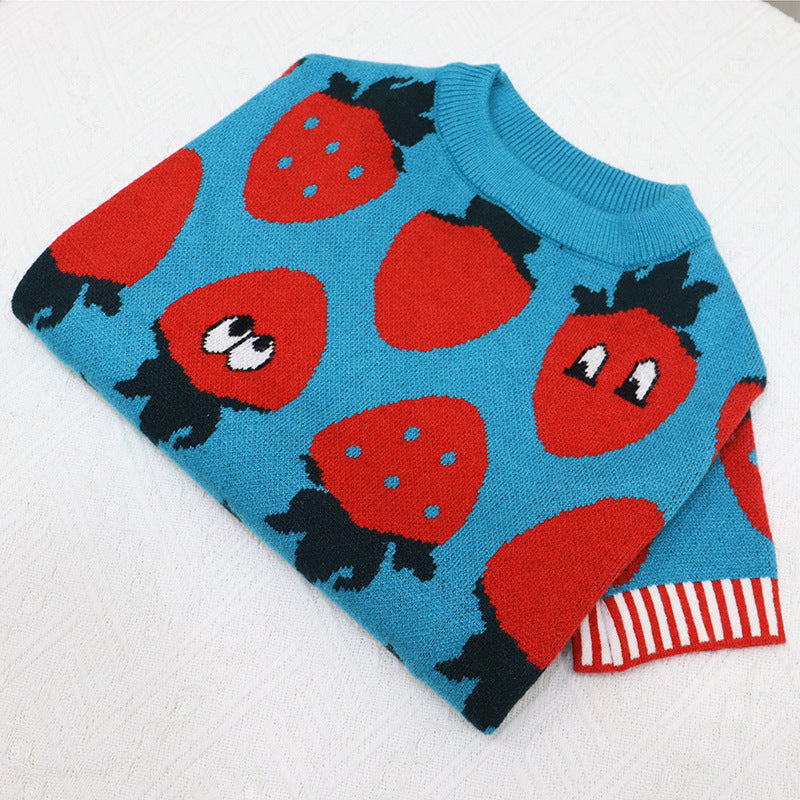 KFX-0631357 Cute Blue Strawberry Cartoon Sweater for Short and Fat Dogs - Available in S, M, L, XL