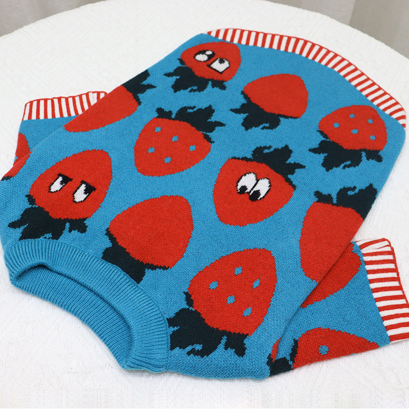 KFX-0631357 Cute Blue Strawberry Cartoon Sweater for Short and Fat Dogs - Available in S, M, L, XL
