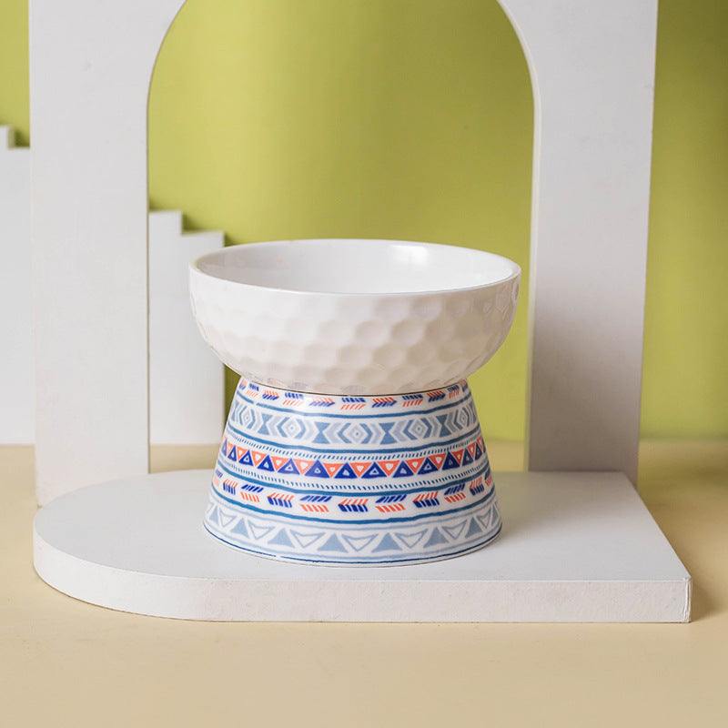 KFX-0639293 Ceramic Pet Bowl with High Foot Design in Bohemian Honeycomb Patterns