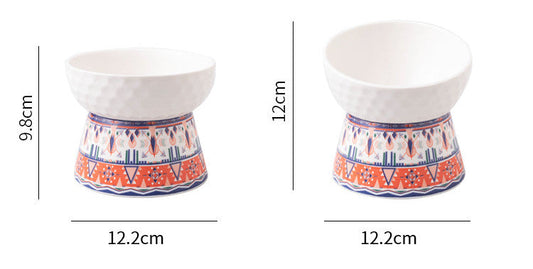 KFX-0639293 Ceramic Pet Bowl with High Foot Design in Bohemian Honeycomb Patterns