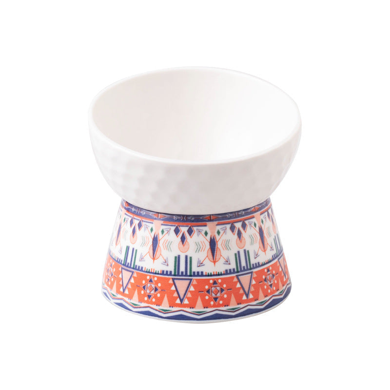 KFX-0639293 Ceramic Pet Bowl with High Foot Design in Bohemian Honeycomb Patterns