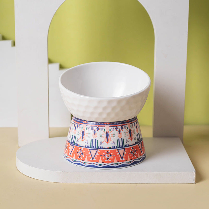 KFX-0639293 Ceramic Pet Bowl with High Foot Design in Bohemian Honeycomb Patterns