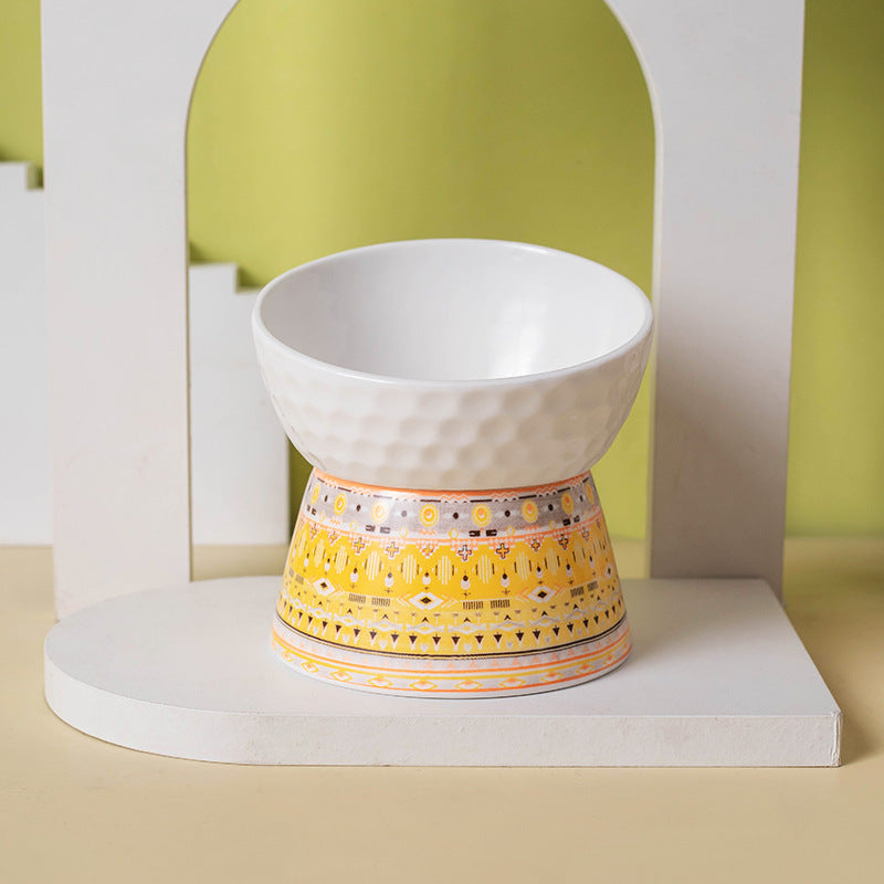 KFX-0639293 Ceramic Pet Bowl with High Foot Design in Bohemian Honeycomb Patterns