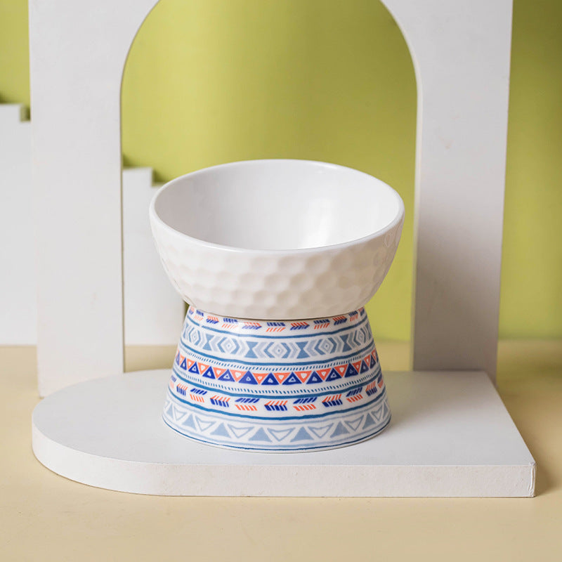 KFX-0639293 Ceramic Pet Bowl with High Foot Design in Bohemian Honeycomb Patterns