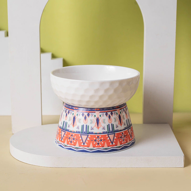 KFX-0639293 Ceramic Pet Bowl with High Foot Design in Bohemian Honeycomb Patterns