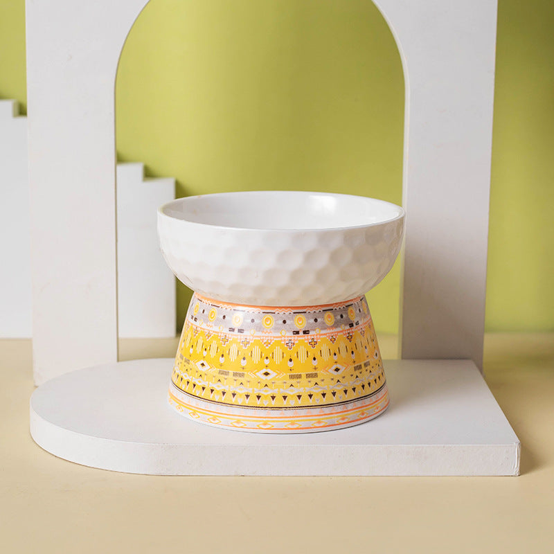 KFX-0639293 Ceramic Pet Bowl with High Foot Design in Bohemian Honeycomb Patterns
