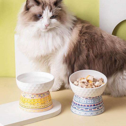 KFX-0639293 Ceramic Pet Bowl with High Foot Design in Bohemian Honeycomb Patterns