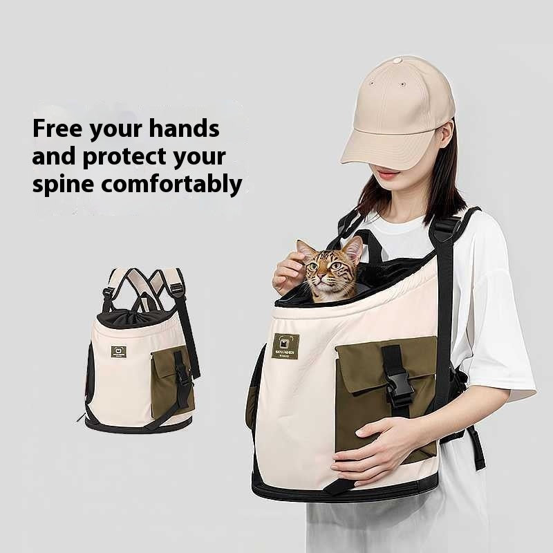 KFX-0641341 Adjustable Drawstring Portable Cat Backpack with Built-in Safety Buckle - Brown and Egg Color Options