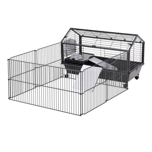 KFX-0642749 Small Animal Playpen Cage with Rolling Casters and Water Bottle - 35" L, Durable Steel, Easy Access Design