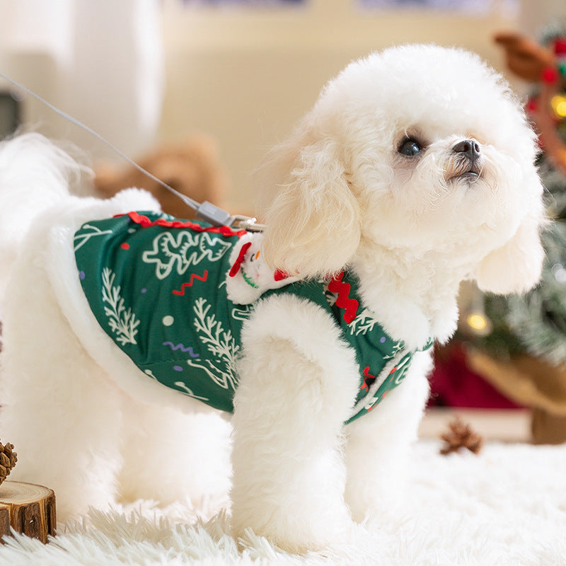 KFX-0643645 Cozy Green Christmas Dog Shirt with Snowman Patch and D-Ring for Small Pets