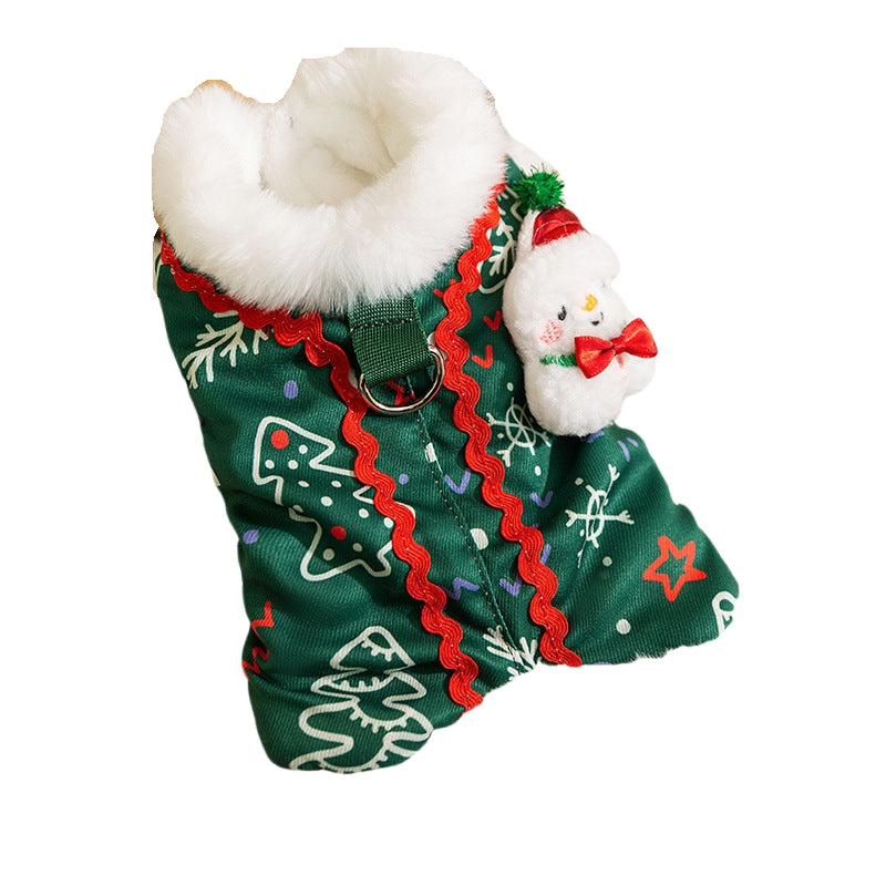 KFX-0643645 Cozy Green Christmas Dog Shirt with Snowman Patch and D-Ring for Small Pets