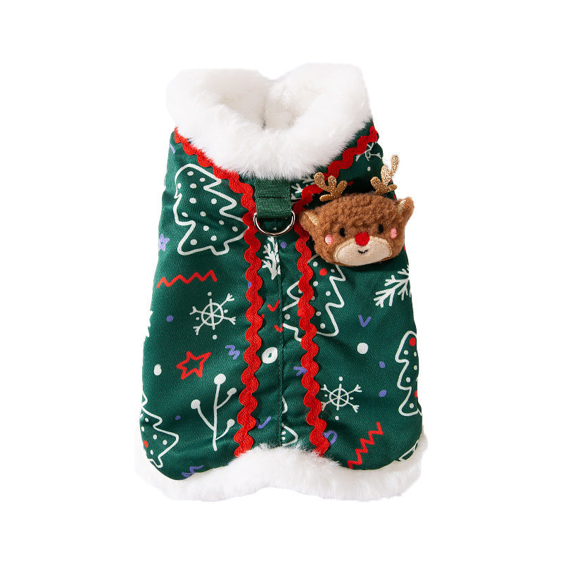 KFX-0643645 Cozy Green Christmas Dog Shirt with Snowman Patch and D-Ring for Small Pets