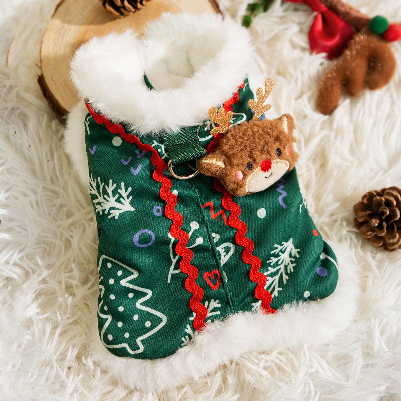 KFX-0643645 Cozy Green Christmas Dog Shirt with Snowman Patch and D-Ring for Small Pets