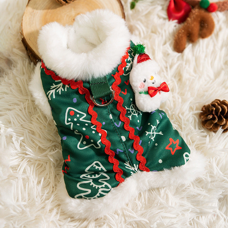 KFX-0643645 Cozy Green Christmas Dog Shirt with Snowman Patch and D-Ring for Small Pets