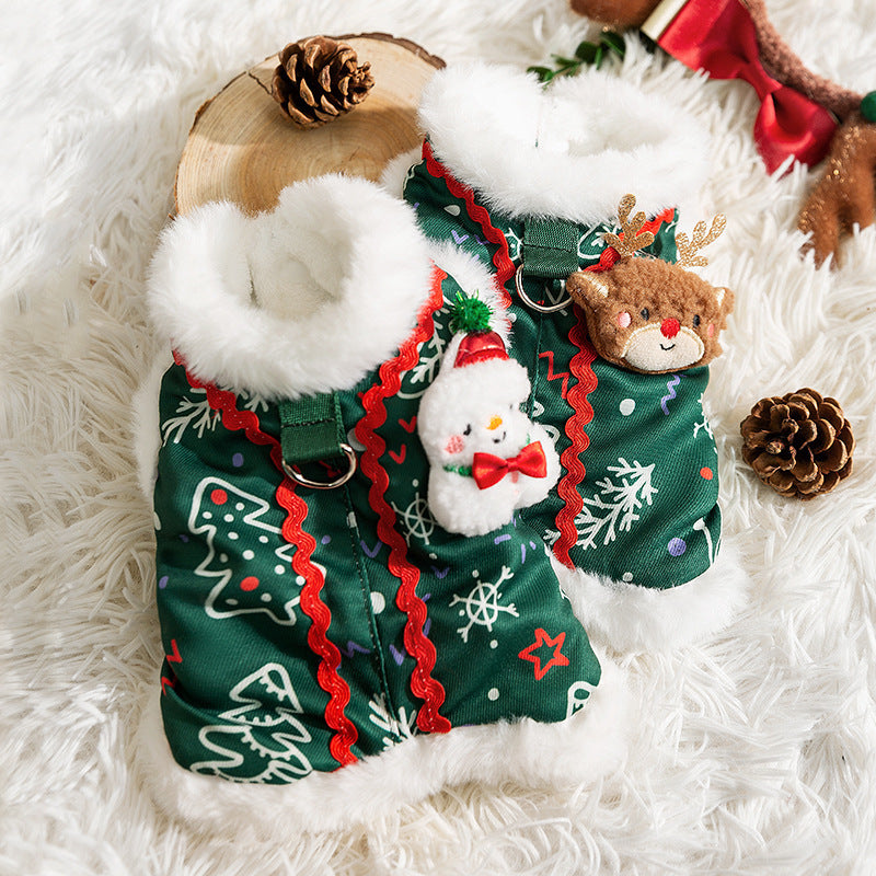 KFX-0643645 Cozy Green Christmas Dog Shirt with Snowman Patch and D-Ring for Small Pets