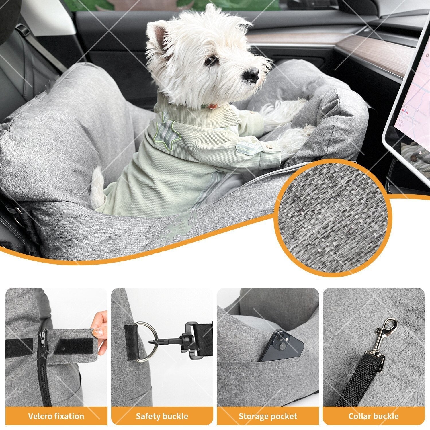 KFX-0643901 Removable and Washable Pet Car Kennel in Beige and Gray - 60x50x38 cm for Dogs