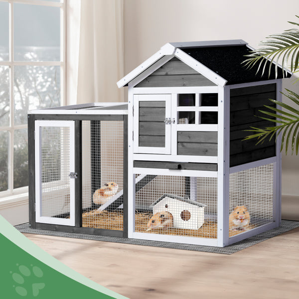 KFX-0648509 Gray Fir Wood Rabbit Hutch with Run and Ladder for Small Pets