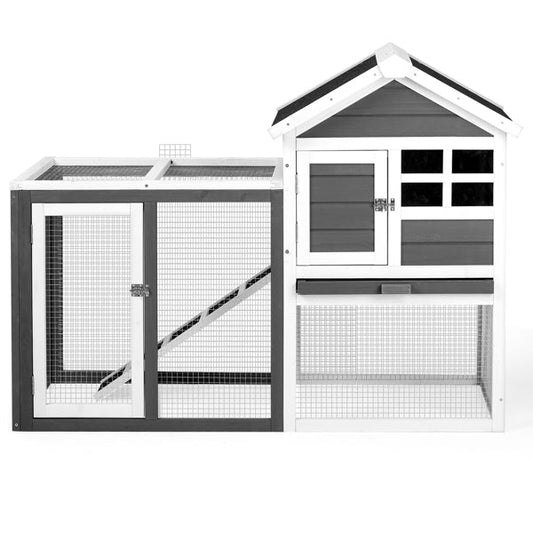 KFX-0648509 Gray Fir Wood Rabbit Hutch with Run and Ladder for Small Pets
