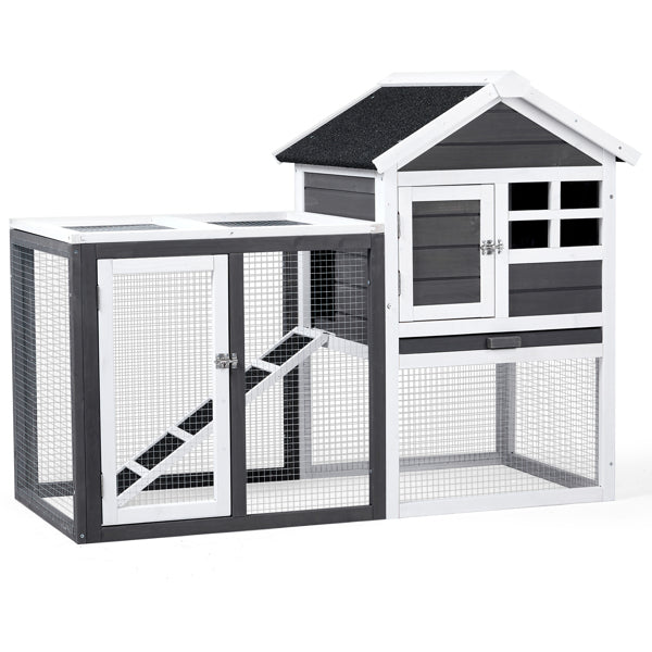 KFX-0648509 Gray Fir Wood Rabbit Hutch with Run and Ladder for Small Pets