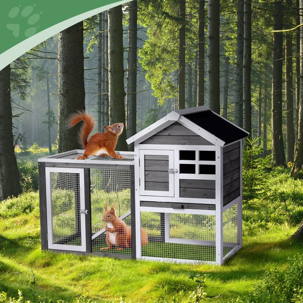 KFX-0648509 Gray Fir Wood Rabbit Hutch with Run and Ladder for Small Pets