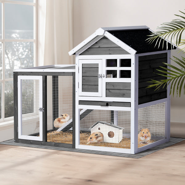 KFX-0648509 Gray Fir Wood Rabbit Hutch with Run and Ladder for Small Pets