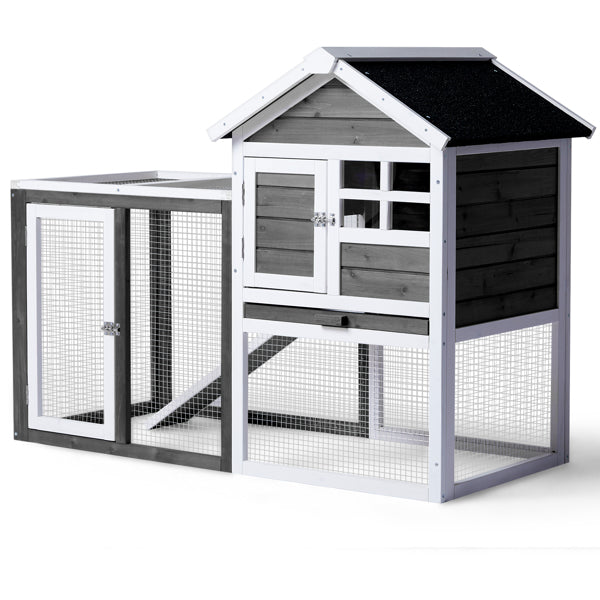 KFX-0648509 Gray Fir Wood Rabbit Hutch with Run and Ladder for Small Pets