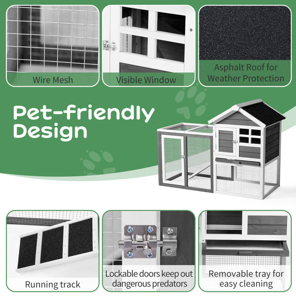 KFX-0648509 Gray Fir Wood Rabbit Hutch with Run and Ladder for Small Pets