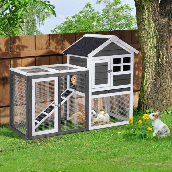 KFX-0648509 Gray Fir Wood Rabbit Hutch with Run and Ladder for Small Pets