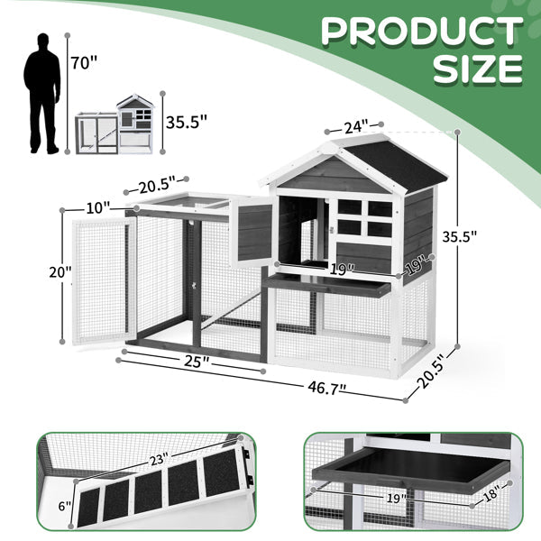 KFX-0648509 Gray Fir Wood Rabbit Hutch with Run and Ladder for Small Pets