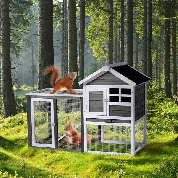 KFX-0648509 Gray Fir Wood Rabbit Hutch with Run and Ladder for Small Pets