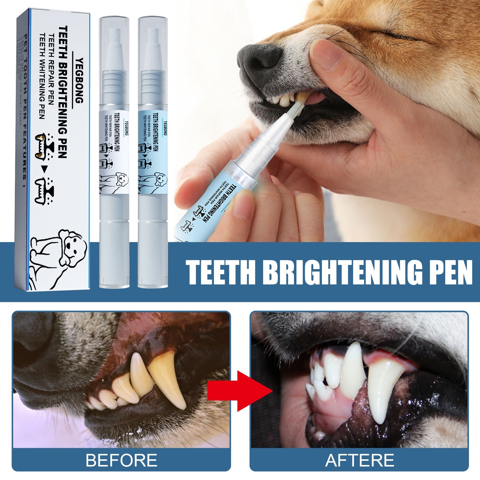 KFX-0652477 Pet Teeth Whitening Pen for Dogs and Cats - Tartar Remover with 2 Dental Brushes - 6ml Total