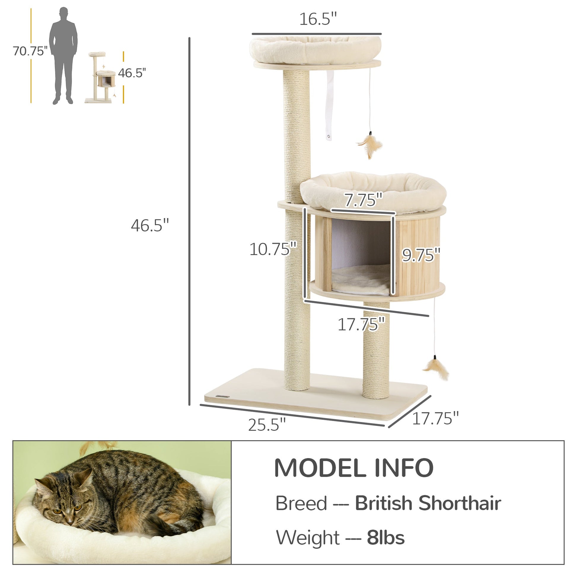 KFX-0653885 3-Level Cat Tree Tower with Scratching Posts, Condo, Beds, and Badminton Toys for Kittens