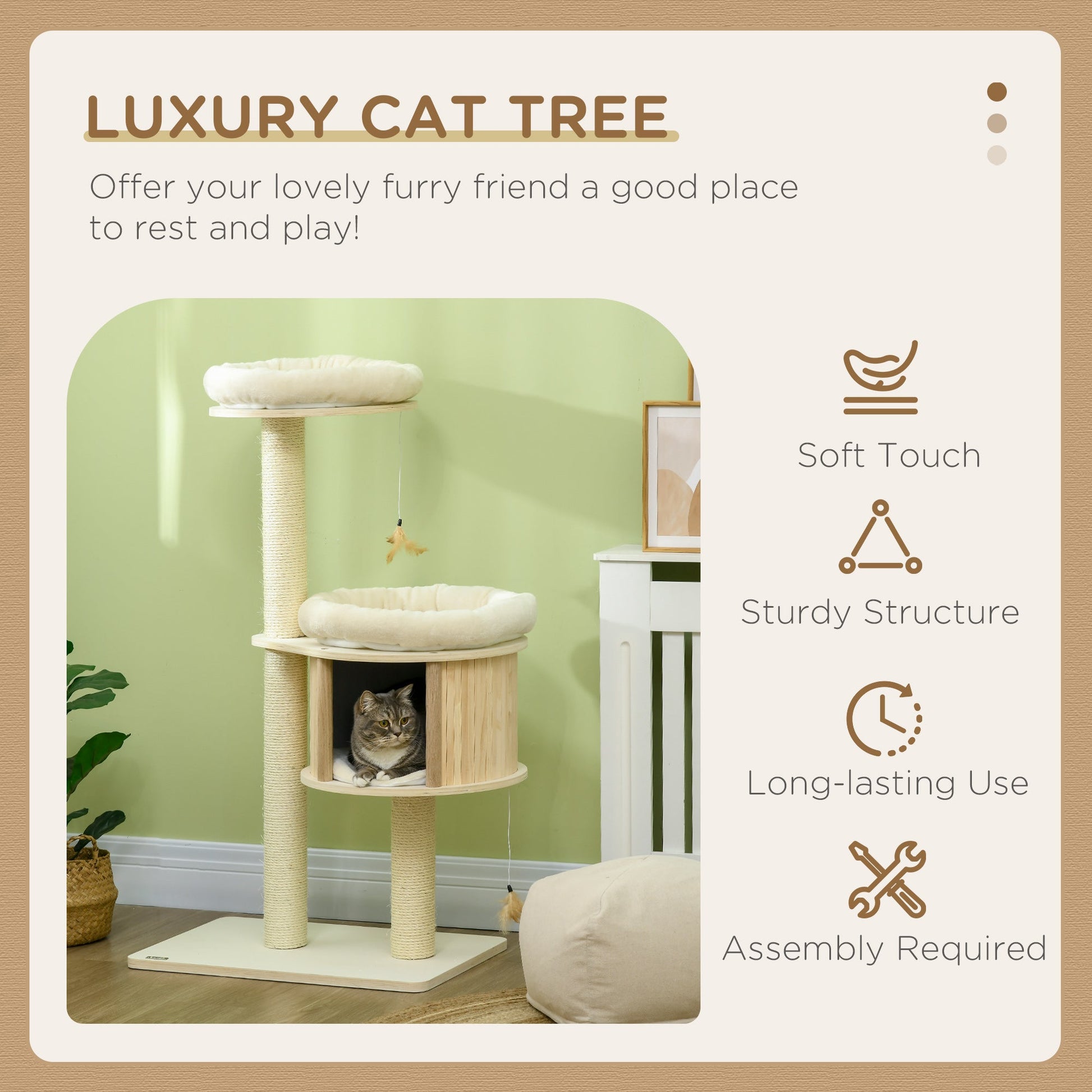 KFX-0653885 3-Level Cat Tree Tower with Scratching Posts, Condo, Beds, and Badminton Toys for Kittens