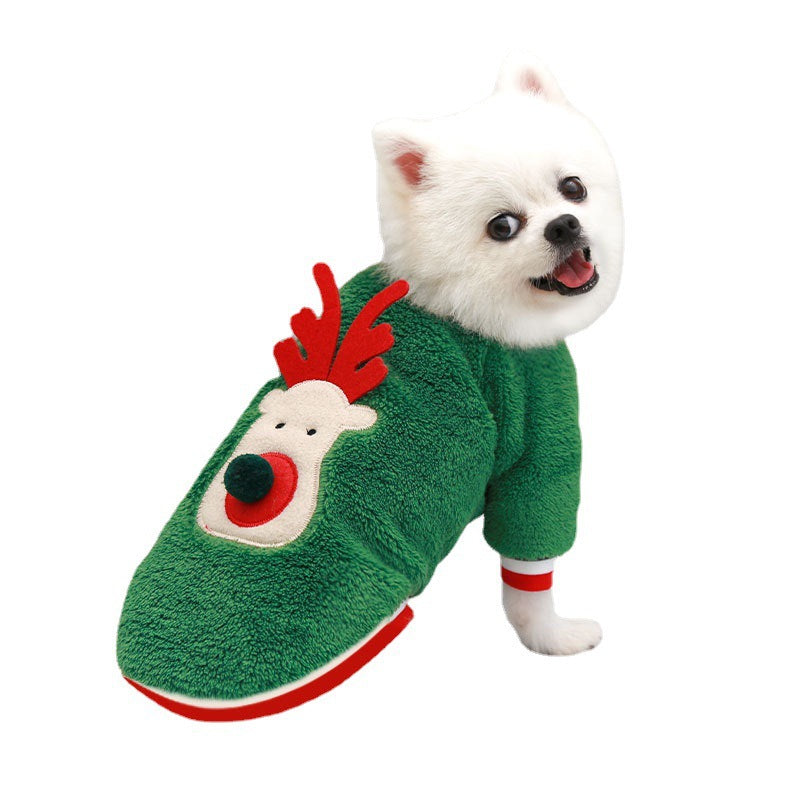 KFX-0655677 Santa Reindeer Coral Fleece Dog Sweater in Red and Green