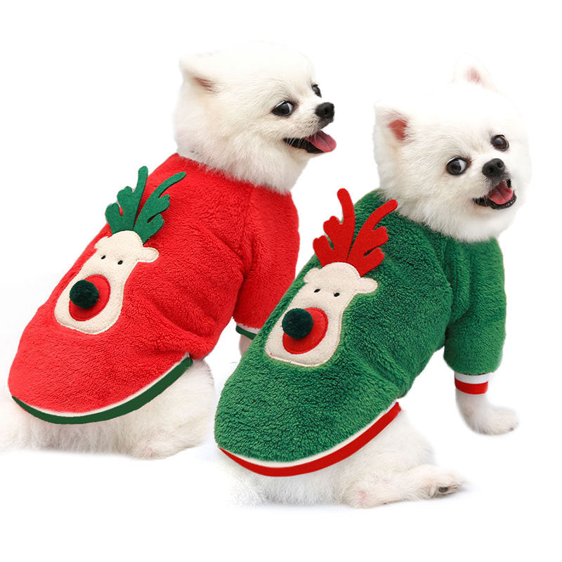 KFX-0655677 Santa Reindeer Coral Fleece Dog Sweater in Red and Green