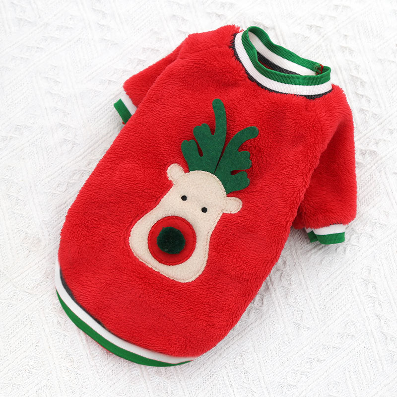 KFX-0655677 Santa Reindeer Coral Fleece Dog Sweater in Red and Green